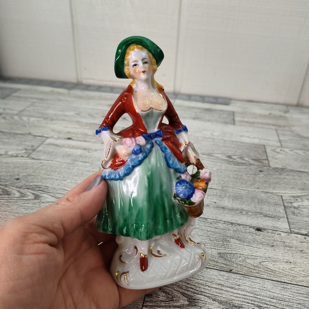 Colonial Woman 6" Figurine Hold Flower Basket Made in Occupied Japan Home Decor